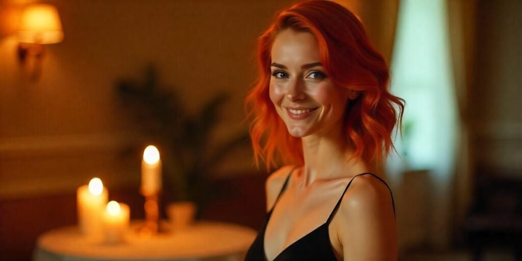 "Beautiful woman with vibrant copper-red hair styled in a full, flirty look, wearing a black dress in a romantic setting, exuding youthful sophistication."