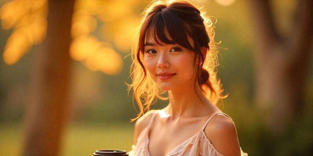 "Realistic image of a woman with tousled bangs and highlights, wearing a romantic pastel dress, standing in a dreamy setting."