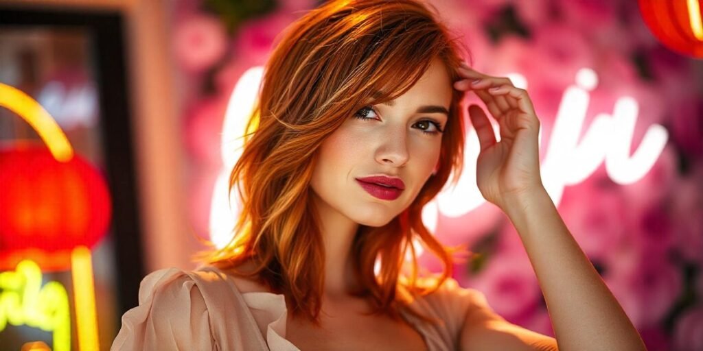"Stylish woman with vibrant red layered hair, face-framing pieces, and subtle highlights, wearing a light pink dress in a romantic setting, exuding youthful elegance."
