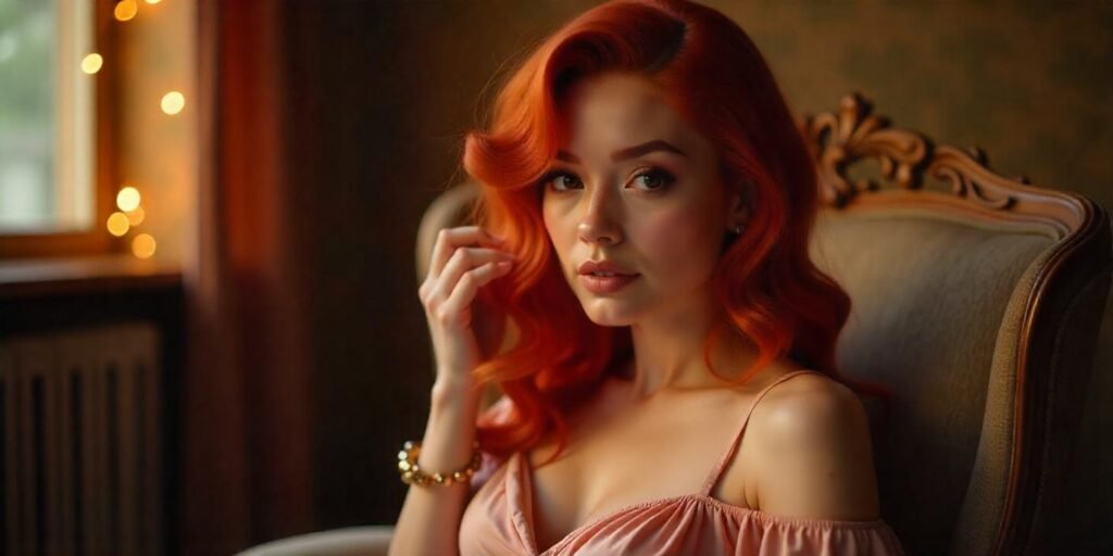 "Crimped copper red hair styled with s-shaped waves, showcasing texture and volume. The woman is wearing a blush-colored dress in a romantic setting."