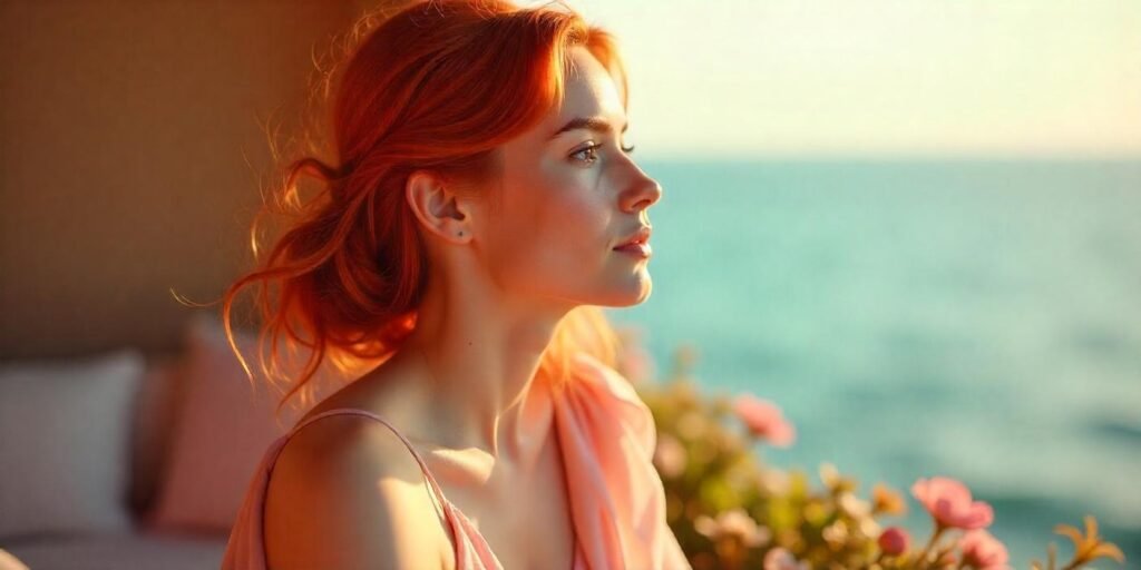 Woman with vibrant ginger red hair styled naturally, wearing a pastel-colored dress, in a romantic outdoor setting. Capturing the fiery, confident look of ginger hair with a serene, peaceful vibe.