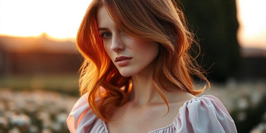 Woman with amber red hair and golden highlights, wearing a pastel-colored dress in a romantic, dreamy setting with natural lighting. Perfect hairstyle for complementing hazel or blue eyes.