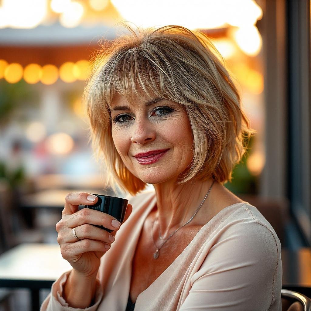 Medium shag haircut with textured layers and bright streaks of blonde and caramel for women over 50, offering a youthful, modern, and chic look. Soft, romantic background with natural lighting.