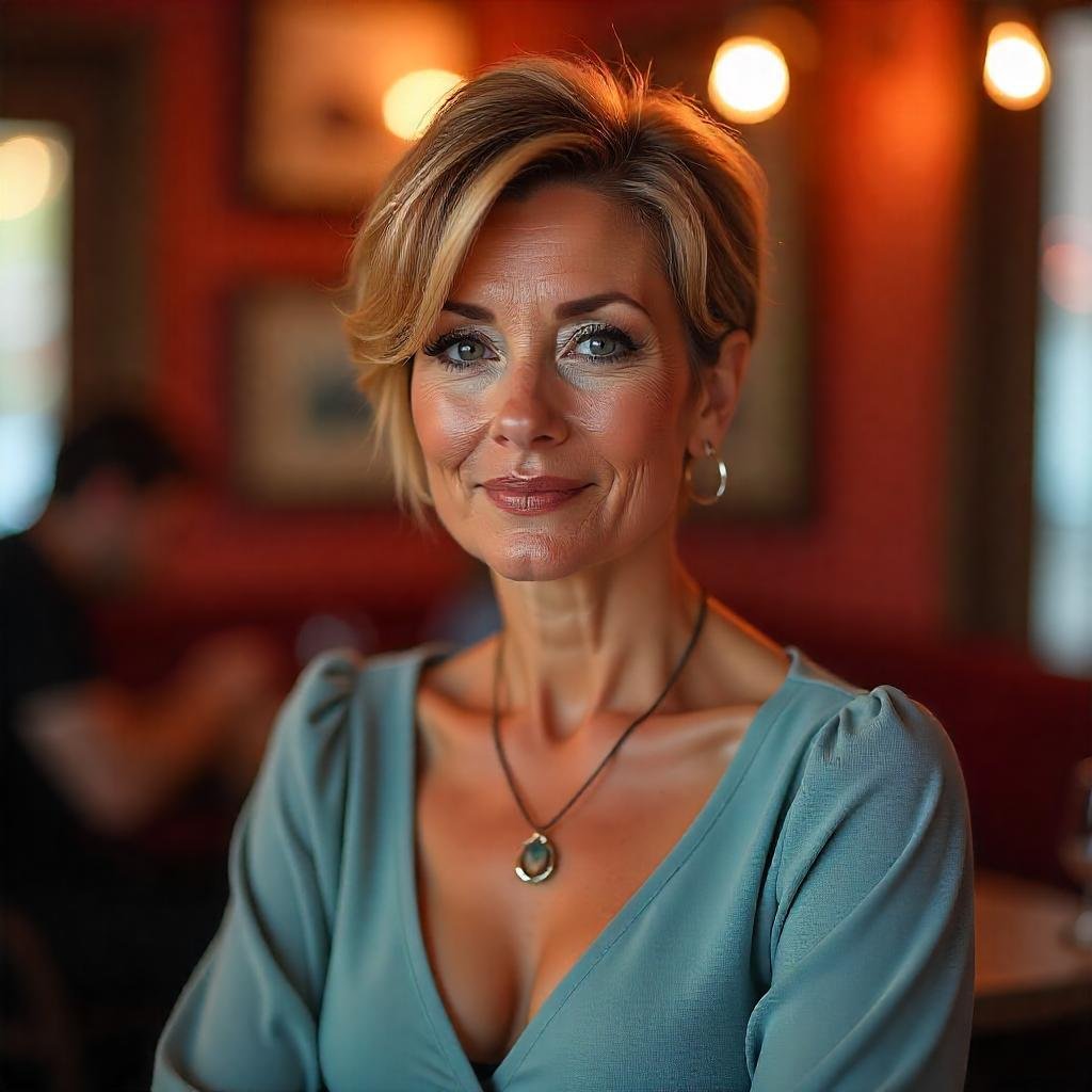 A mature woman over 50 with a pixie-inspired shag haircut, natural light brown hair with subtle highlights, wearing a soft beige dress, posing in a romantic background with warm lighting, exuding confidence and elegance.