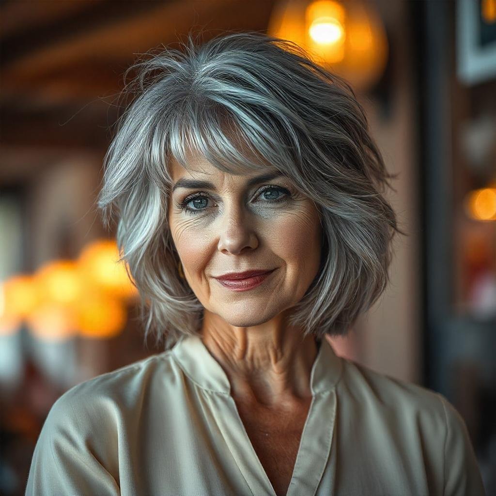 Grey layered shag haircut for women aged 50+, featuring soft silvery grey hair with tousled layers and a gentle fringe. The look is modern, sophisticated, and youthful, paired with a neutral-toned blouse against a romantic bokeh background.
