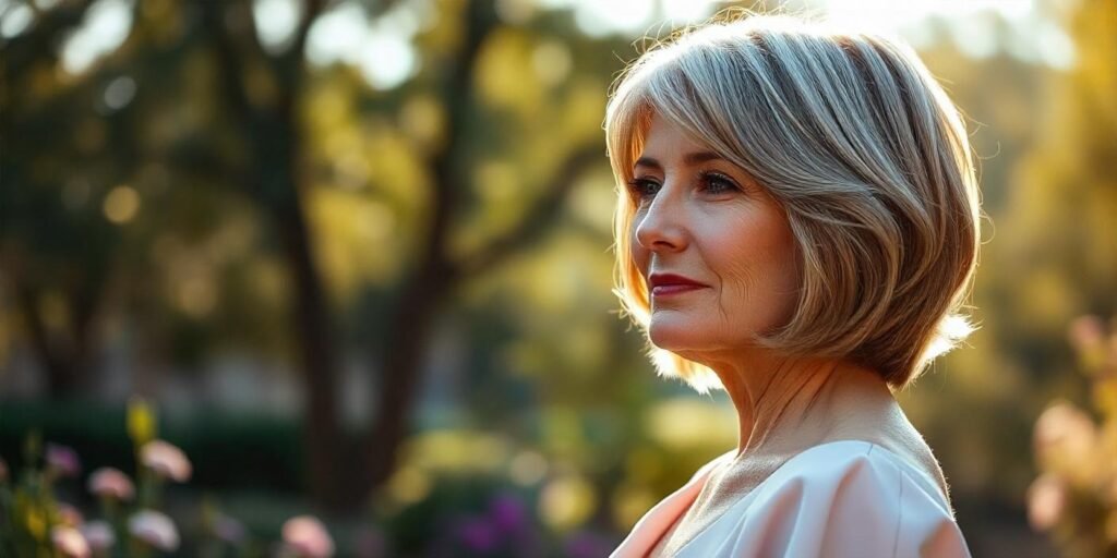 "Low-maintenance wedge hairstyle for women over 50 with layered bob cut, enhancing jawline and adding youthful lift, in a romantic outdoor setting."