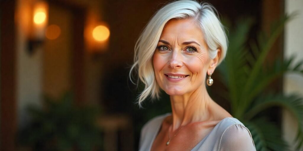 "Realistic image of a woman aged 50+ with an asymmetrical wedge haircut, featuring sharp angles, smooth lines, and longer front layers for volume and dimension. A modern, sleek look perfect for a stylish update."