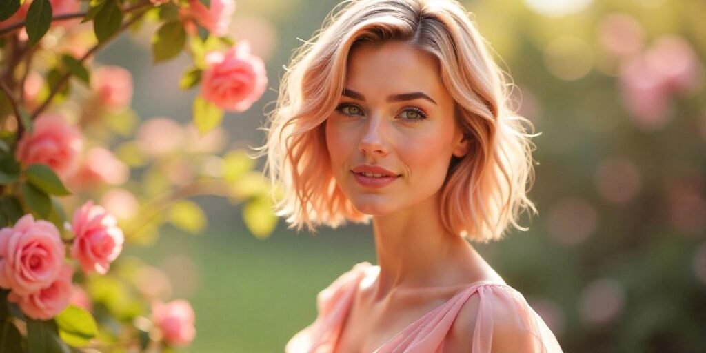Woman with rose gold feathered bob hairstyle in pastel pink dress, styled with volume and texture, in a romantic garden.