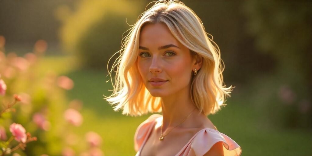 Woman with 70s layered haircut featuring highlights and balayage, wearing a pastel dress in a romantic outdoor setting.