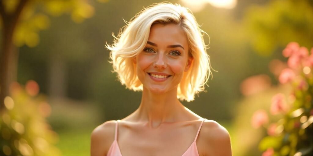 "Woman with short feathered hair in a pastel pink dress, standing in a romantic garden setting."
