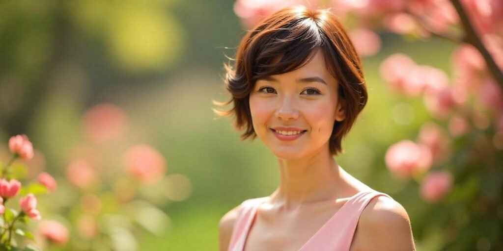 "Woman with short layered pixie bob haircut in a pastel pink dress, standing in a romantic garden with soft sunlight."