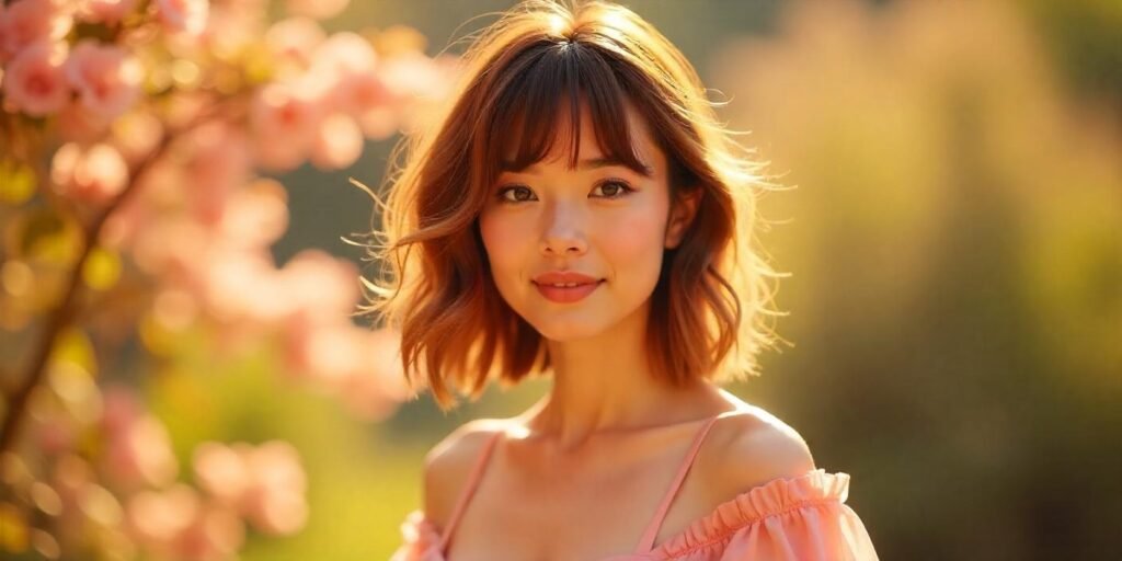 Woman with voluminous feathered lob and bangs wearing a pastel pink dress in a romantic outdoor setting