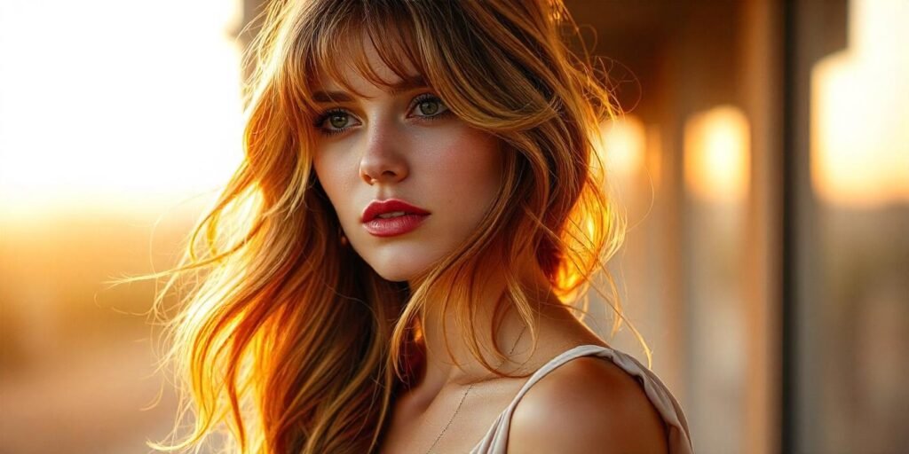 Realistic photo of a woman with light copper-toned hair styled in cinnamon waves with messy waves and curtain bangs, wearing a soft blush pink dress, in a romantic background setting.