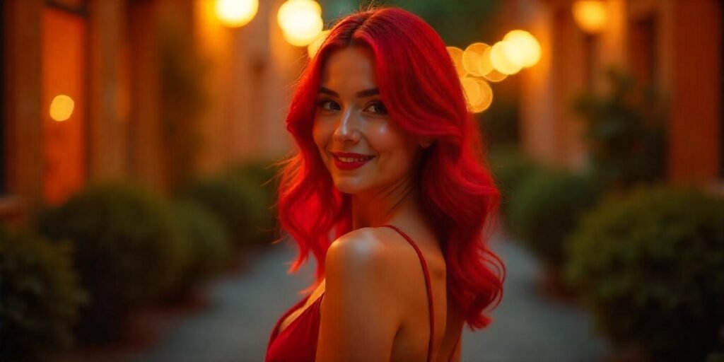 "Beautiful woman with cherry red hair, dark roots, and soft waves wearing a red dress, posing in a romantic setting with a sophisticated, Hollywood-inspired vibe."