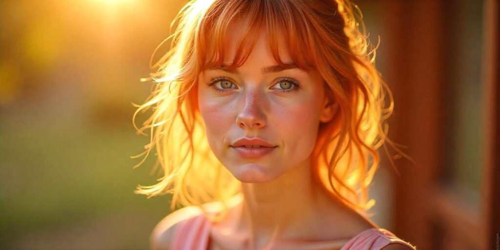 "Strawberry blonde woman with a messy shag haircut and bangs, wearing a light pink dress in a romantic outdoor setting"
