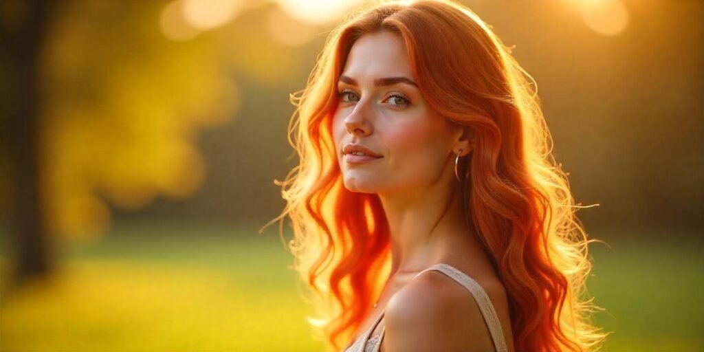 "Woman with rich red hair and golden blonde highlights in a romantic outdoor setting, wearing a light beige dress, showcasing the beauty of golden blonde highlights for a natural, radiant hairstyle."