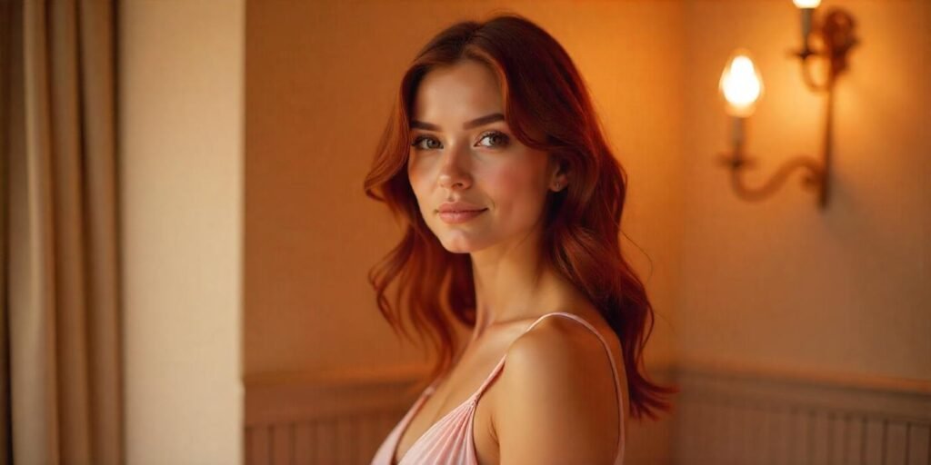 "Deep auburn hair with loose waves on a woman in a blush pink dress, showcasing a romantic and chic hairstyle for dark brown hair."