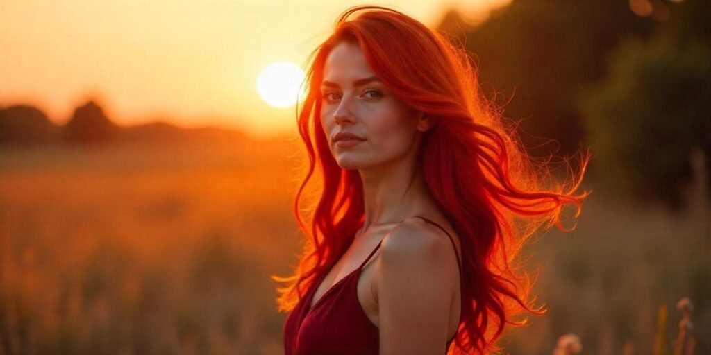 Realistic photo of a woman with bright copper and rosewood red balayage hair, wearing a burgundy dress in a romantic sunset setting, showcasing a lush and fiery mane.