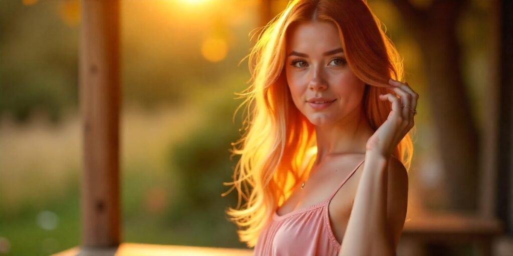 "Realistic image of a woman with strawberry blonde hair, shadow roots, and lighter ends, wearing a pastel pink dress in a romantic outdoor setting."