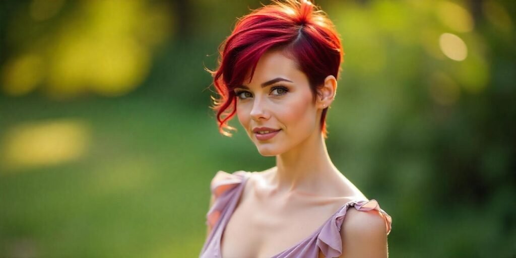 Woman with Burgundy Red Pixie haircut in romantic outdoor garden, wearing a soft pink dress, radiating confidence with natural beauty.