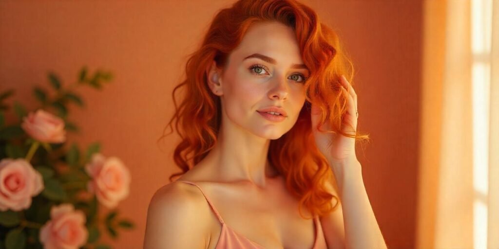 Woman with light red curly hair in golden and copper tones, wearing a peach dress, in a romantic setting.