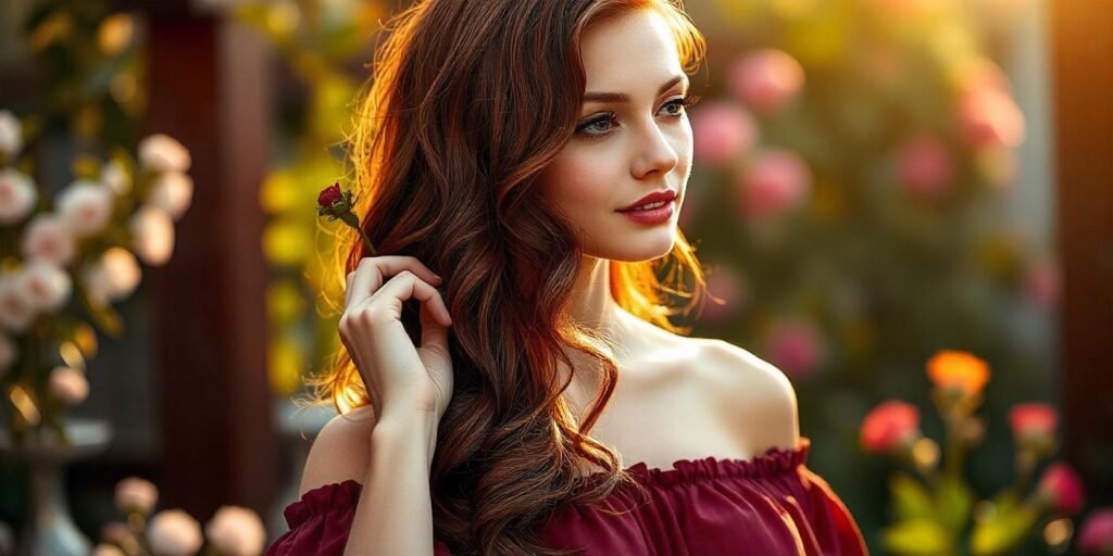 "Realistic photo of a woman with deep red hair color featuring rich copper tones, wearing a romantic burgundy dress with soft waves, set in a romantic garden background."