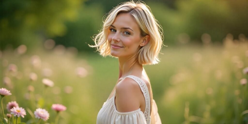 Choppy angled bob hairstyle for fine hair in a cottagecore-style garden setting.