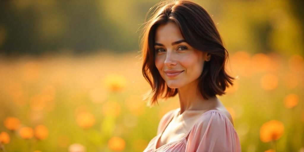 Realistic image of a woman with a layered brunette bob, wearing a soft pastel dress in a romantic, nature-filled setting.