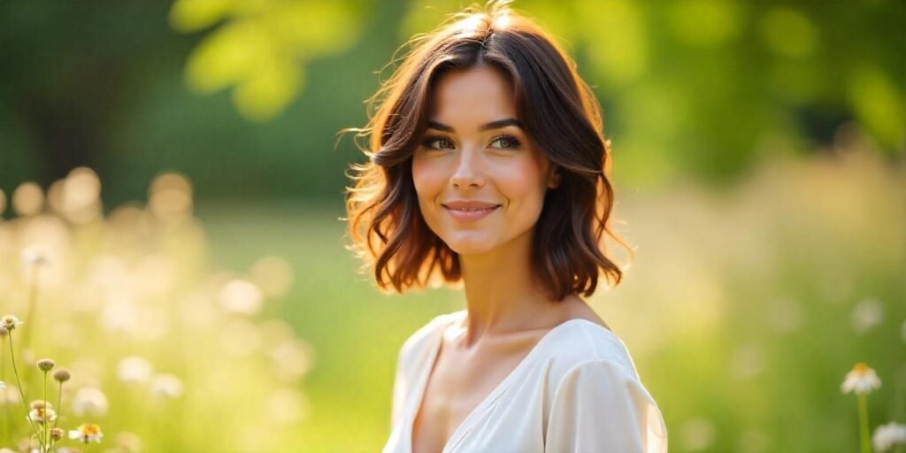 Romantic Cottagecore wavy brunette bob hairstyle with surface layers in natural garden setting