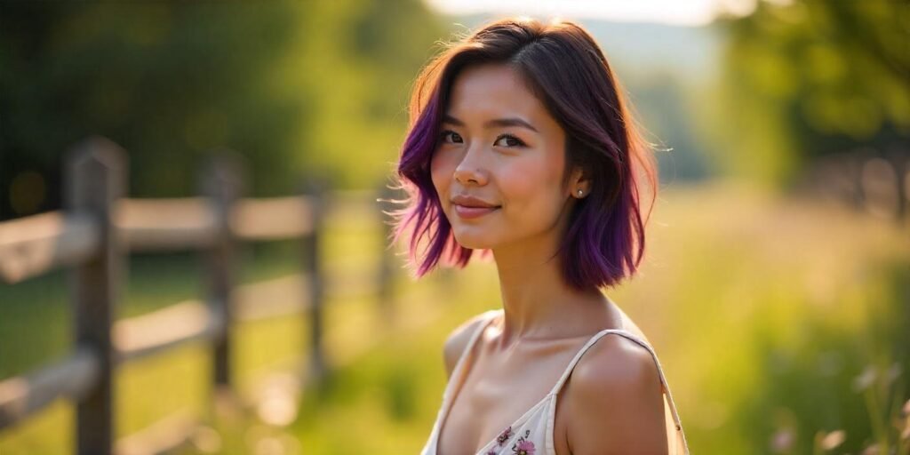 Woman with angled brunette bob and purple highlights in a romantic cottagecore setting, wearing a cream dress.