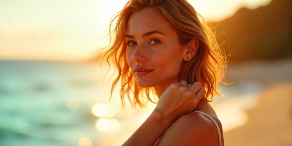 Realistic image of a woman with tousled hair in a romantic setting, wearing a light-colored dress and adding a vibrant glow to her look
