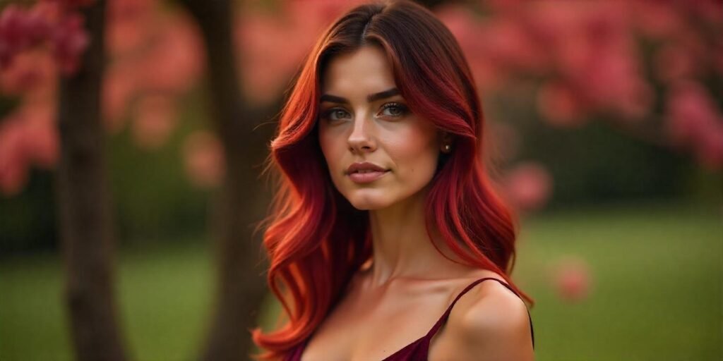 "Berry balayage hair color styled in soft waves, woman in burgundy dress standing outdoors with a romantic background."