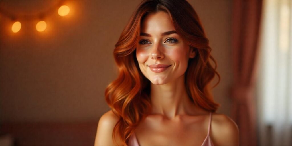 Chocolate mix hair color featuring a blend of high-shine copper and reddish-brown into a brunette base for a dimensional, natural look. Romantic setting and realistic details