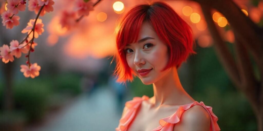 Chin-length hairstyle with reddish hue, creating a sophisticated and shiny look in a romantic outdoor setting
