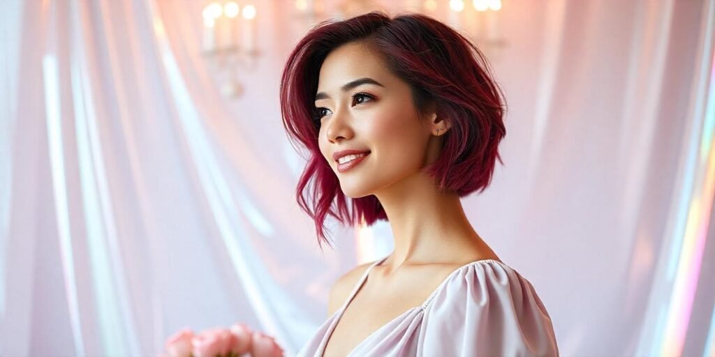 "Realistic image of a woman with cool berry-toned hair in a romantic setting, wearing a soft, elegant dress, showcasing a fresh and timeless look."