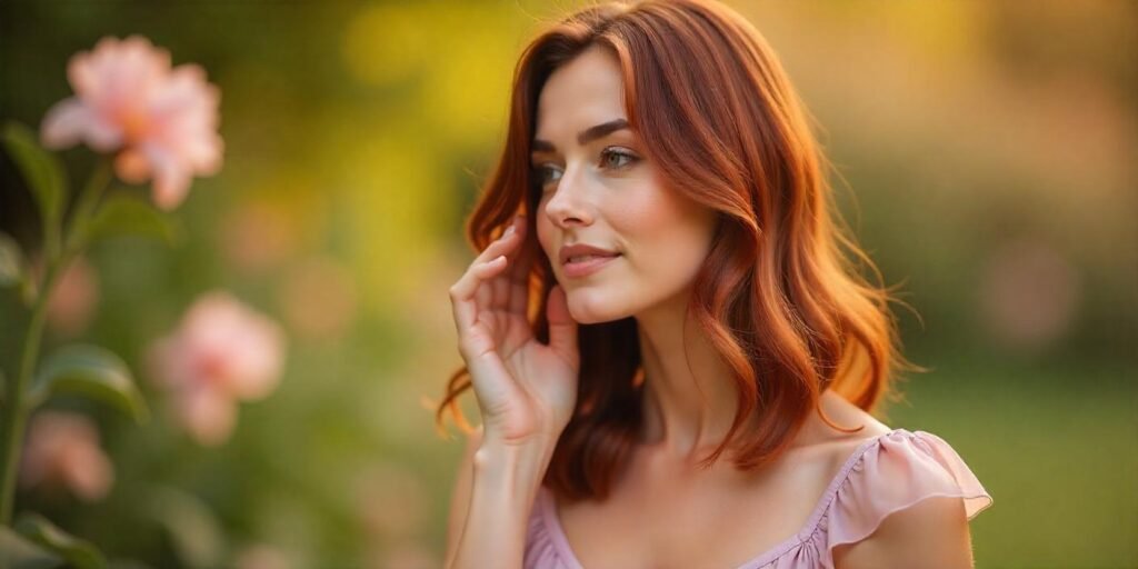 "Dark brown hair with reddish and copper highlights for a vibrant and glossy finish, styled in a romantic garden setting."