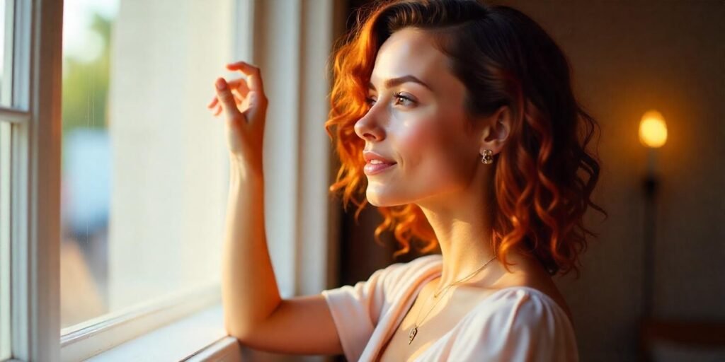 Realistic image of a woman with sleek, wet curls and copper tips, wearing a soft dress and a romantic background, showcasing healthy, radiant hair.
