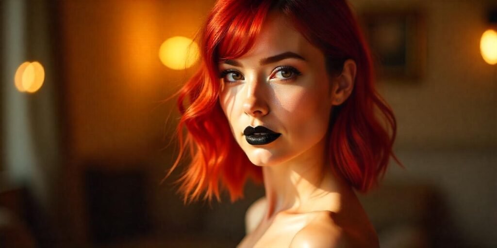 Woman with red and brown blended hair styled to perfection, thicker black lips, and bold, sophisticated style. Romantic background, chic dress, and real neck detail.