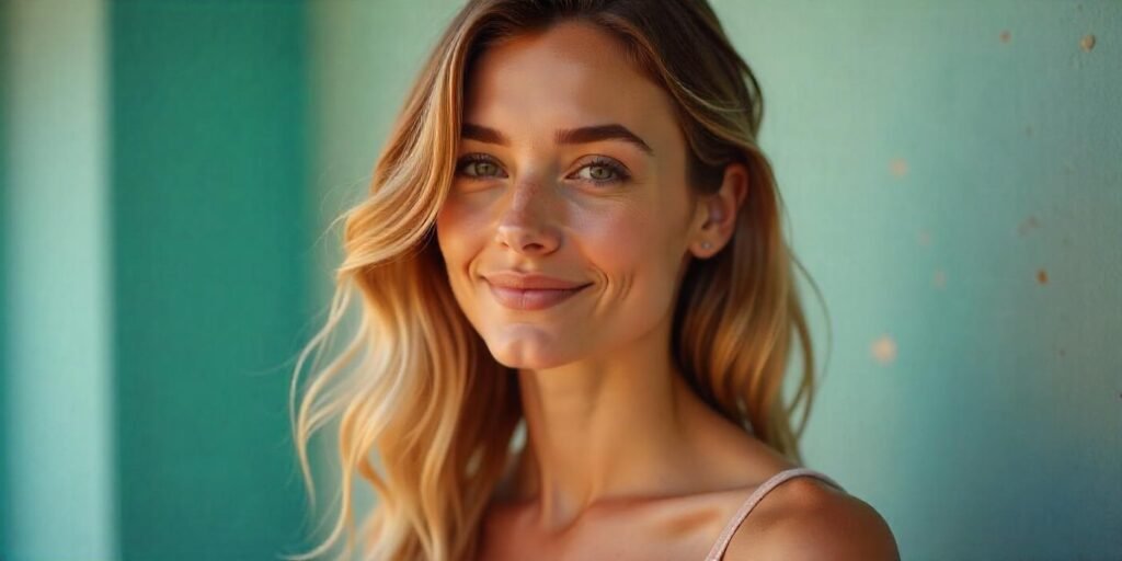 Woman with face-framing highlights and loose waves, dressed in a soft beige dress, looking to the side with a gentle smile in a romantic setting.