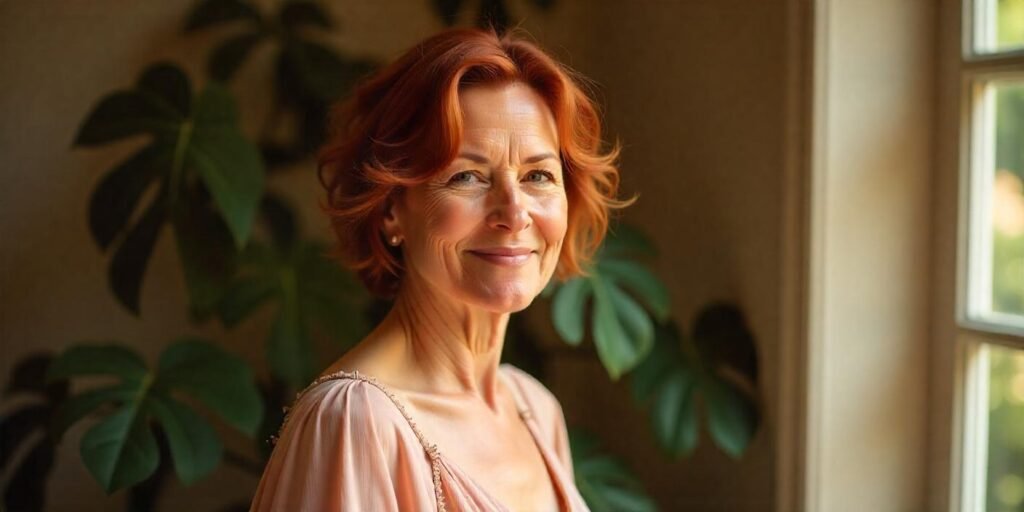 "50+ woman with short bob and nape undercut hairstyle, styled with rust-colored curls, wearing a blush-colored dress in a romantic setting."