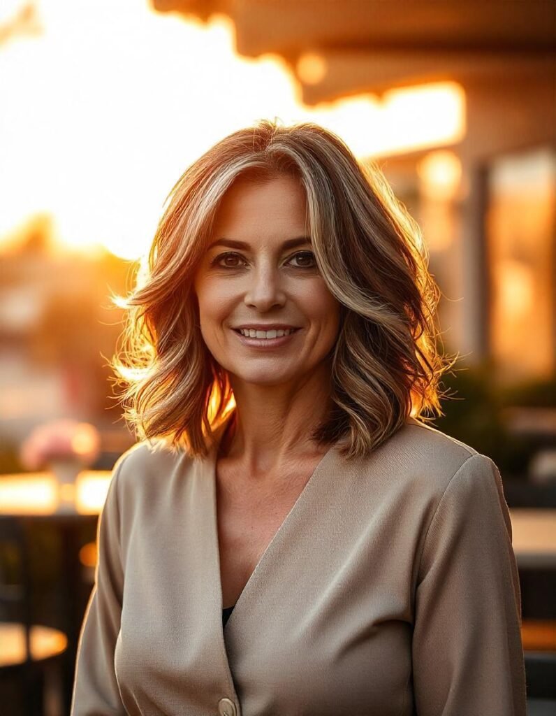 Woman over 50 with a modern wavy shag cut hairstyle, showcasing voluminous textured waves in soft brown with light highlights. Styled effortlessly with a chic, relaxed look, set against a romantic outdoor background. Age-appropriate and flattering for fine hair.