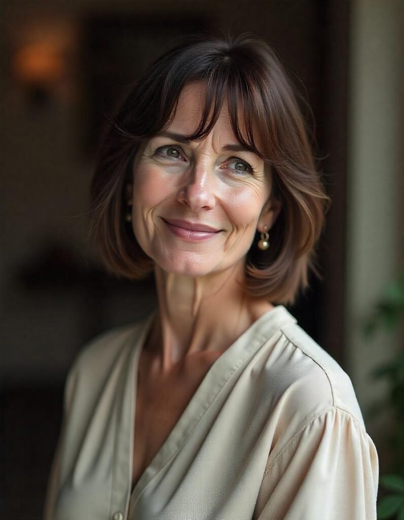 Realistic photo of a woman aged 50-55 with a shaggy bob haircut and choppy fringe. She is wearing a neutral beige blouse, exuding elegance and youthful charm. The hairstyle softens facial features and complements her sophisticated, timeless look. Romantic background adds to the overall mood.