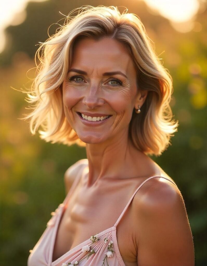 Elegant woman over 50 with natural wave shag haircut and subtle balayage highlights, wearing a pastel floral dress in a romantic garden setting.