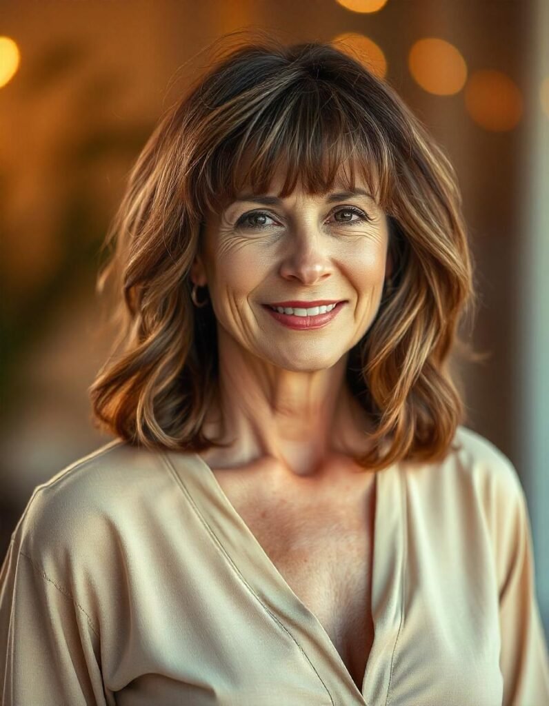 Feathered shag haircut for women over 50 with voluminous layers and soft bangs. Warm brown hair color with subtle highlights, styled in a youthful, natural look. Casual pastel outfit in a romantic outdoor setting.