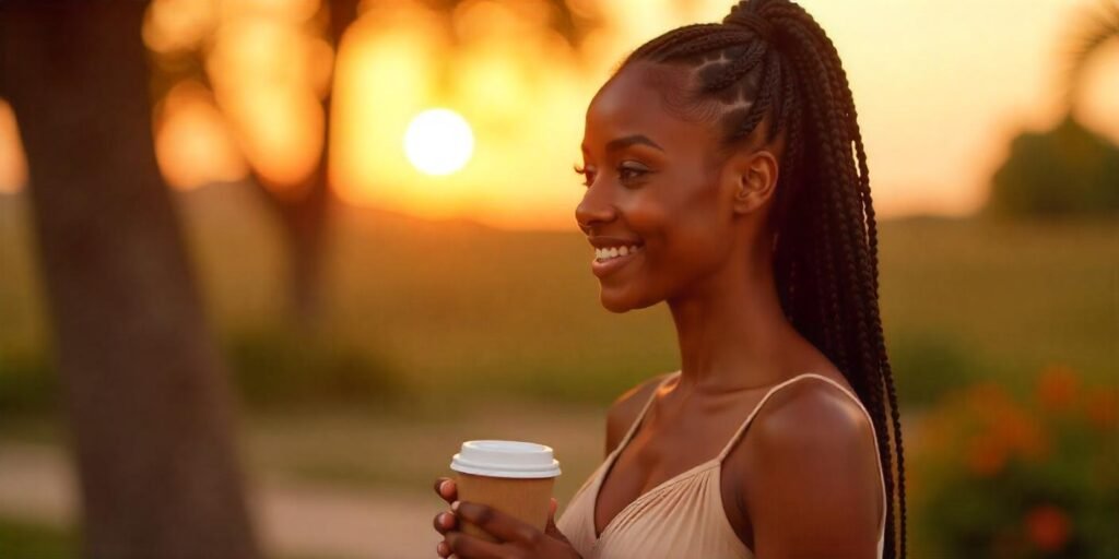 Realistic image of zig-zag pattern jumbo box braids styled in a romantic sunset backdrop, showing natural, neat sections