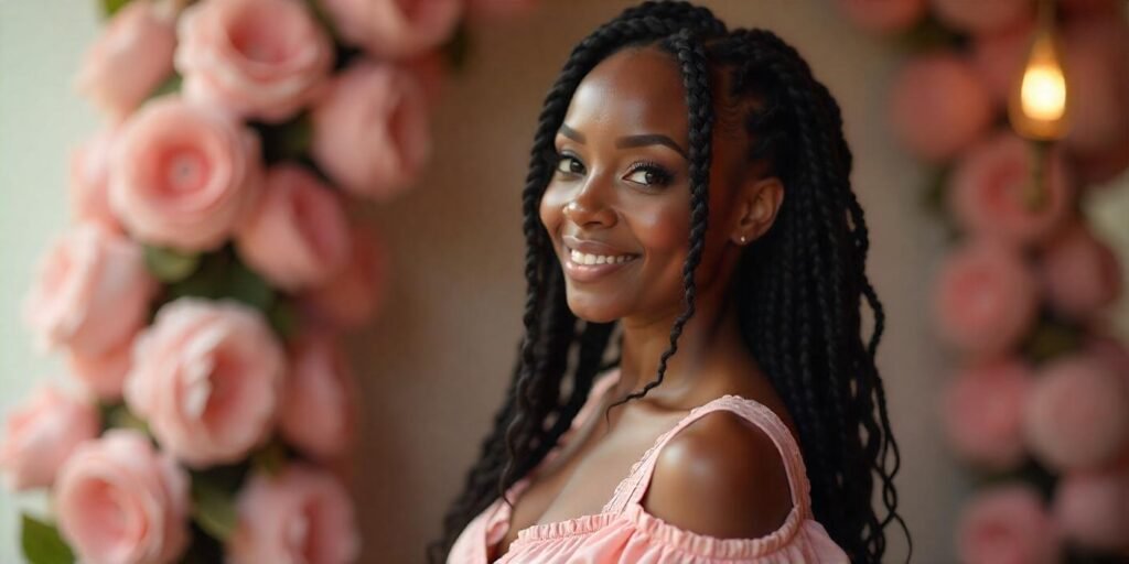 Butt-length large box braids with curly ends, structured sections, glamorous twist, soft pink dress, and romantic background.