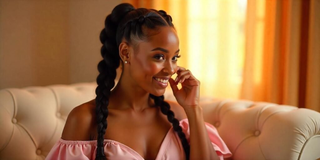 Large stitch braids styled into curly pigtails with a smooth finish and defined ends. Romantic pastel pink dress.
