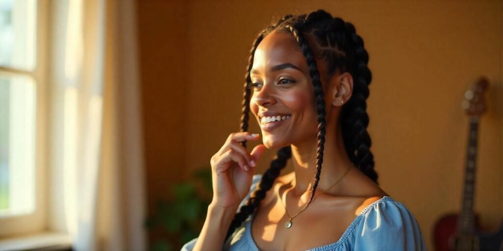Large box braids with spring ends styled in a light blue dress in a romantic setting.