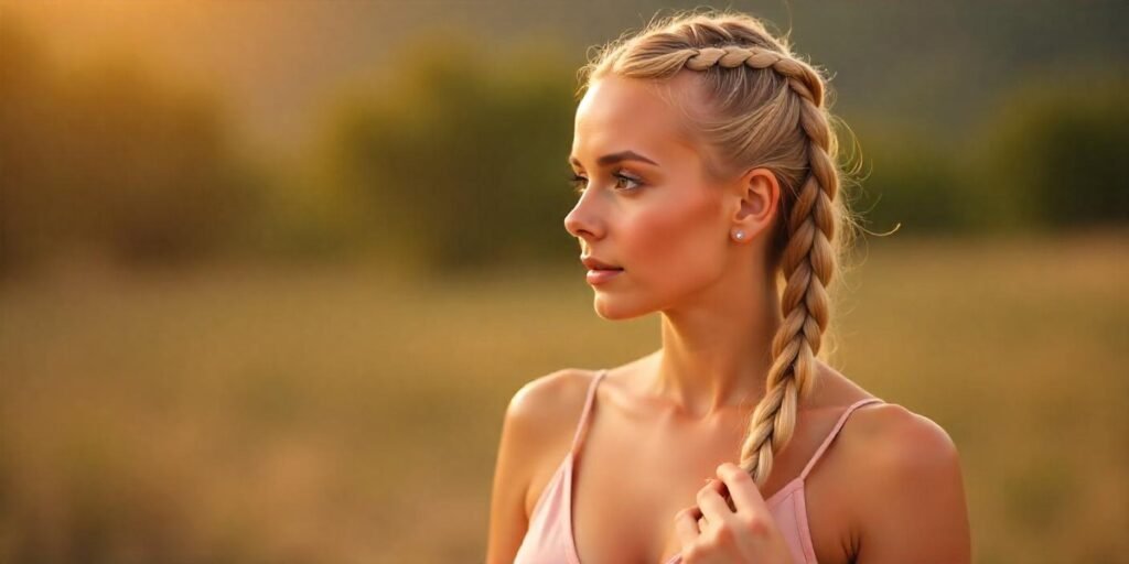 Realistic image of a woman with blonde Jayda Wayda braids in a soft pink dress with a romantic background.