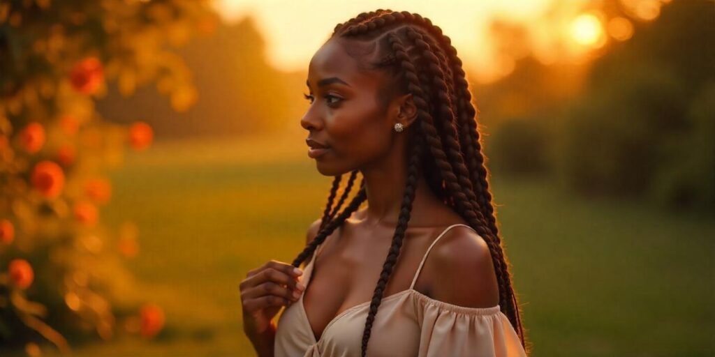 Large triangle box braids with brown highlights, bold and refined hairstyle in a romantic garden setting.